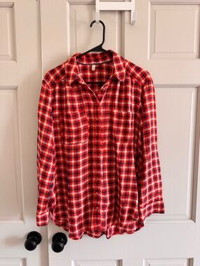 Pilcro M Wool Blend Button Up Shirt Top Flannel Plaid Red Blouse Long sleeve